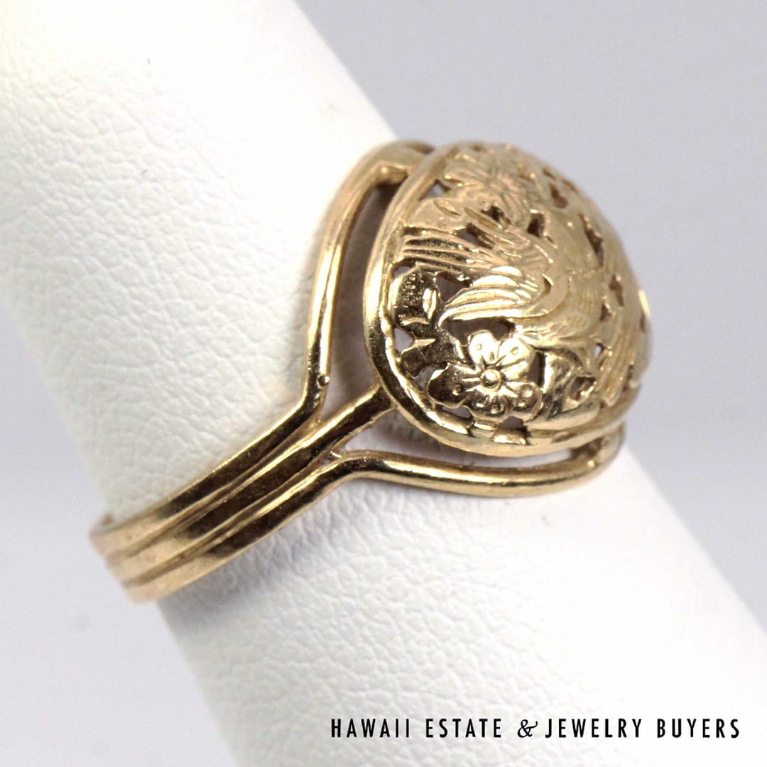Ming's Hawaii Bird in Plum 14K Yellow Gold Dome Ring Size 5 - Image 3