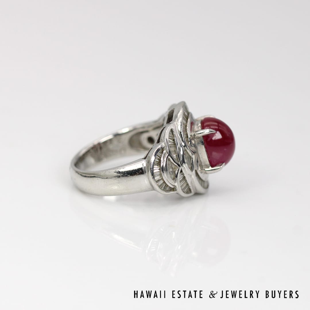 GIA Natural 3.74ct Ruby Cabochon 0.90ctw Baguette Diamond Ring Platinum Size 6.5 - Image 3