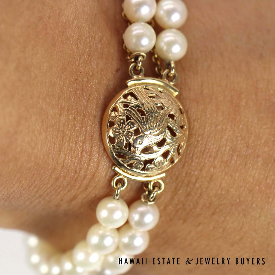 Ming's Bird in Plum Cultured Pearl Double Strand Bracelet 14k Yellow Gold Size 6.5 - Image 6