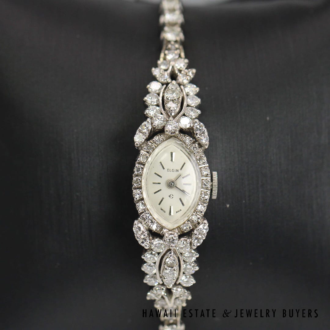 Elgin 3ctw SI/GH Diamond 14k White Gold Ladies Watch with Safety Chain Size 6, 23.6g