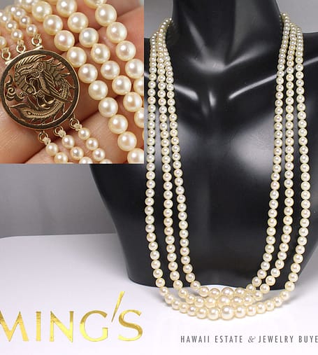 VINTAGE MING'S HAWAII 4-7MM PEARL 3 STRAND 14KYG PHOENIX CLASP