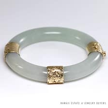 MINGS TRANSLUCENT PALE GREEN JADE HAND ENGRAVED 14K YELLOW GOLD BANGLE SIZE 7