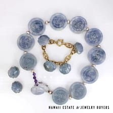 Suite of Chinese Blue Lavender Jade Yellow Gold Necklace, Bracelet and Earrings