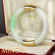 MING'S HAWAII JADE 14K YELLOW GOLD MID CENTURY HINGED BANGLE BRACELET W/ BOX & PAPER