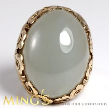 VINTAGE MING'S PALE GRAY 22MM JADE 14K YELLOW GOLD FLUER BEZEL RING SIZE 5.5