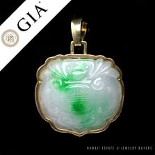 GIA CERTIFIED TYPE A NATURAL JADE MOTTLED TSL 14K YELLOW GOLD BEZEL SET PENDANT