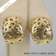 MING'S DUAL PHOENIX SHRIMP 9.1g 14K YELLOW GOLD OMEGA BACK EARRINGS