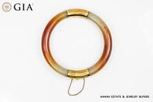 GIA 58.8g 14KYG ORANGY BROWN & WHITE JADE HINGED BANGLE BRACELET SIZE 8