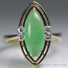 VINTAGE BURMESE MELON JADEITE JADE CABOCHON & DIAMOND 14K YELLOW GOLD RING SIZE 6.75 W/ GEMOLOGIST APPRAISAL