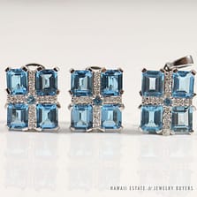 SKY BLUE TOPAZ & DIAMOND 18K WHITE GOLD EARRINGS & PENDANT SET