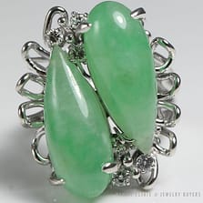NATURAL LIGHT GREEN TWIN PEAR JADE DIAMOND WHITE GOLD RING (SZ 4.5) W/ APPRAISAL
