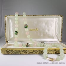 MING'S HAWAII RARE JADE BEAD & ROSE QUARTZ ENAMEL BEAD NECKLACE 30" W/ BOX