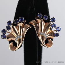 DORFMAN VINTAGE BLUE SAPPHIRE DIAMOND 14K ROSE GOLD CLIP EARRINGS + APPRAISAL