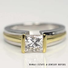 1.06ct Princess Cut Platinum & 18K Yellow Gold Ring Size 4.5 w/ Cert