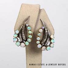 Vintage 2ctw Opal 0.25ctw Diamond 14K & Sterling Silver Earrings