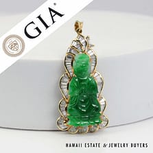 GIA Type A Fui Cui Green Jade Kwan Yin 1.43ctw Diamond 20K Yellow Gold Pendant