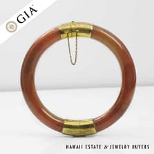 GIA 80g 14KYG MOTTLED ORANGY BROWN JADE HINGED BANGLE BRACELET SIZE 8
