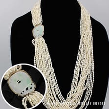 Freshwater Pearl with Moss in Snow Jade Tablet 14k Yellow Gold Necklace, 238g