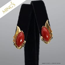 MING'S 4.6g 14KYG 16x8mm MARQUISE RED CORAL CAB PIERCED EARRINGS