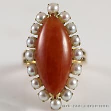 VINTAGE RED JADE MARQUISE & PEARL 14K YELLOW GOLD RING SIZE 7