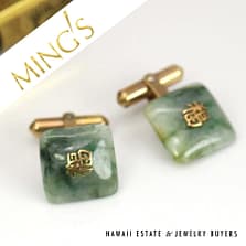 Ming's 15mm Square Green Jade 7.4g 14KYG Cufflinks with Chinese Character with Box