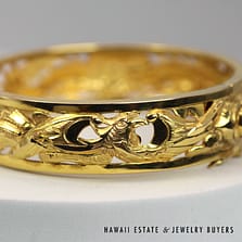 15.5mm Dragon & Phoenix 18K Yellow Gold Hinged Bangle Bracelet Size 7