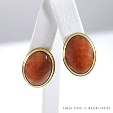 Ming's Hawaii Natural Orange-Brown Jade Cabochon 14K Yellow Gold Clip-On Earrings