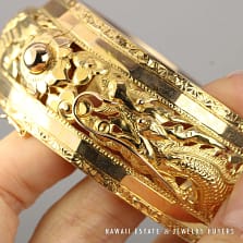 30mm Dragon & Phoenix 18K Yellow Gold Hinged Bangle Bracelet Size 7