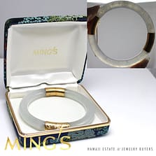 RARE SIGNED MING'S HAWAII 8MM ICE JADE 14K YELLOW GOLD BANGLE BRACELET W/ BOX