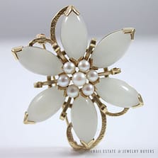 Ming's Hawaii Jade & Pearl Floral 14K Yellow Gold Brooch
