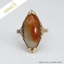 MING'S 3.8g 14KYG 22x10mm MOTTLED RED & WHITE JADE RING SIZE 7