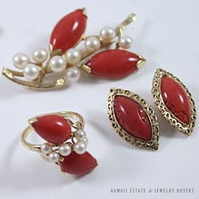 Ming's Hawaii Salmon Red Coral & Cultured Pearl 14K Yellow Gold Brooch, Ring & Earrings Set