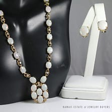 NATURAL OPAL & DIAMOND 14K YELLOW GOLD ORNATE NECKLACE & CLIP EARRINGS SET