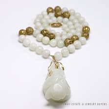 VINTAGE LARGE MUTTON FAT CARVED LOTUS JADE AND 14K YELLOW GOLD BEADED NECKLACE