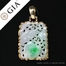 GIA CERTIFIED TSL MOTTLED CARVED LIZARD ON PLUM A JADE 14K YELLOW GOLD PENDANT