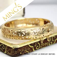 Ming's 27.7g 14KYG Bird in Plum 14mm Hinged Bangle Bracelet Size 7 with Box