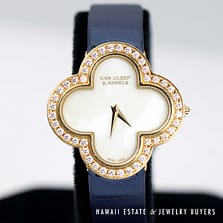 Van Cleef & Arpels 18K YG Alhambra Watch With Diamond Bezel & MOP Dial with Blue Strap