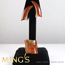 RARE MING'S HAWAII ABSTRACT SHAPE BROWN GRAY JADE 14K YELLOW GOLD RING EARRINGS