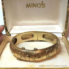 MING'S HAWAII RARE ZODIAC 14K YELLOW GOLD HINGED BANGLE BRACELET