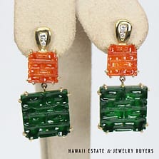 Green & Orange Jade with 0.15ctw Diamond Dangle 14K Yellow Gold Earrings