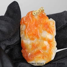 Brown and White Carved Jade 14K Yellow Gold Pendant