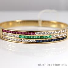 VINTAGE FINE GEMSTONE RUBY SAPPHIRE 2CTW DIAMOND 18K YELLOW GOLD BANGLE BRACELET