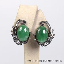 Vintage Green Jade 0.25ctw Diamond 9K & 14K Yellow Gold & Sterling Silver Earrings