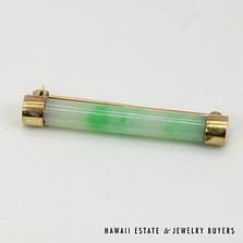 Mottled Green Jade Cylinder 14K Yellow Gold Brooch