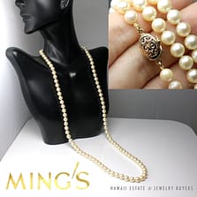 VINTAGE MING'S HAWAII 6MM PEARL CHAMPAGNE 14K YELLOW GOLD CLASP NECKLACE W/ BOX