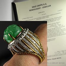 NATURAL GREEN JADEITE JADE & 1.72CTW DIAMOND 18K YELLOW GOLD GYPSY RING SIZE 5.75 W/ GEMOLOGIST APPRAISAL