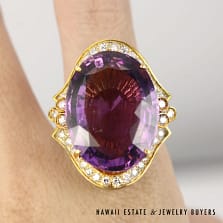 28ct Amethyst 1ctw SI/GH Diamond 21.2g 18K Yellow Gold Ring Size 5.5