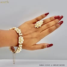 RARE MING'S 14KYG CHAMPAGNE CULTERED PEARL RING & BRACELET SET