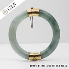 GIA 67.2g 14KYG TRANSLUCENT MOTTLED GRAYISH GREEN JADE HINGED BANGLE BRACELET