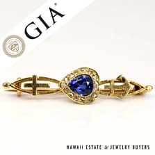 GIA 1.50ct Lab Grown Sapphire 0.50ctw Rose Cut Diamond 14k Yellow Gold Brooch